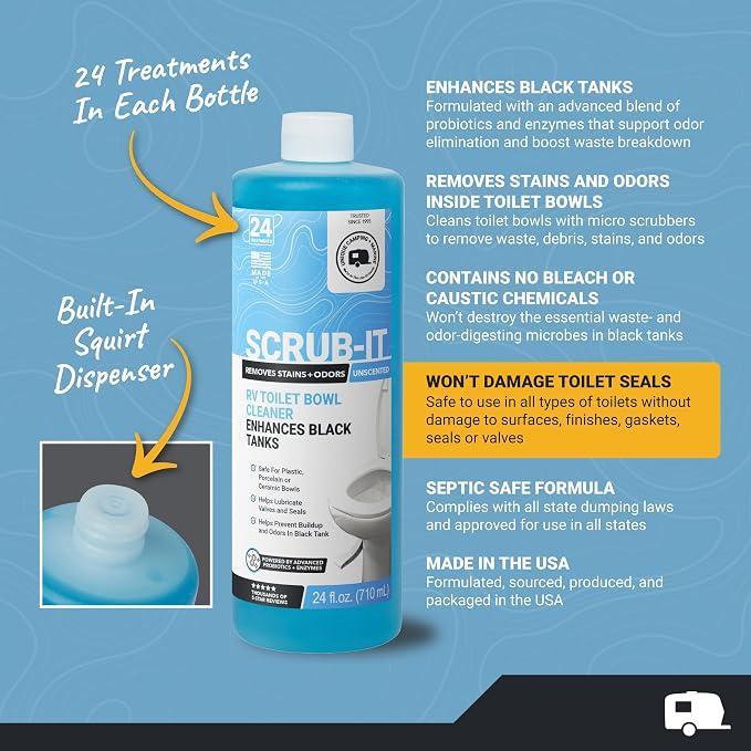 Unique RV Toilet Cleaner Bundle, Scrub-It Liquid 24 oz. (Pack of 2) and RV Toilet Brush, Value Pack