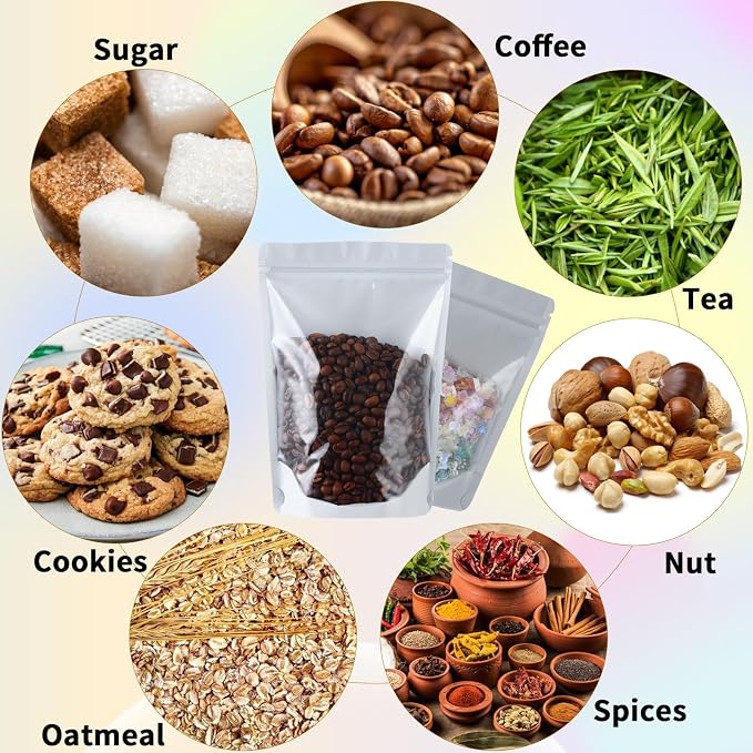 200 Mylar Bags for Food Storage 5X8 Mylar Bags with Window Candy Packaging Resealable Bags White Stand Up Pouches Edible Packaging for Small Business