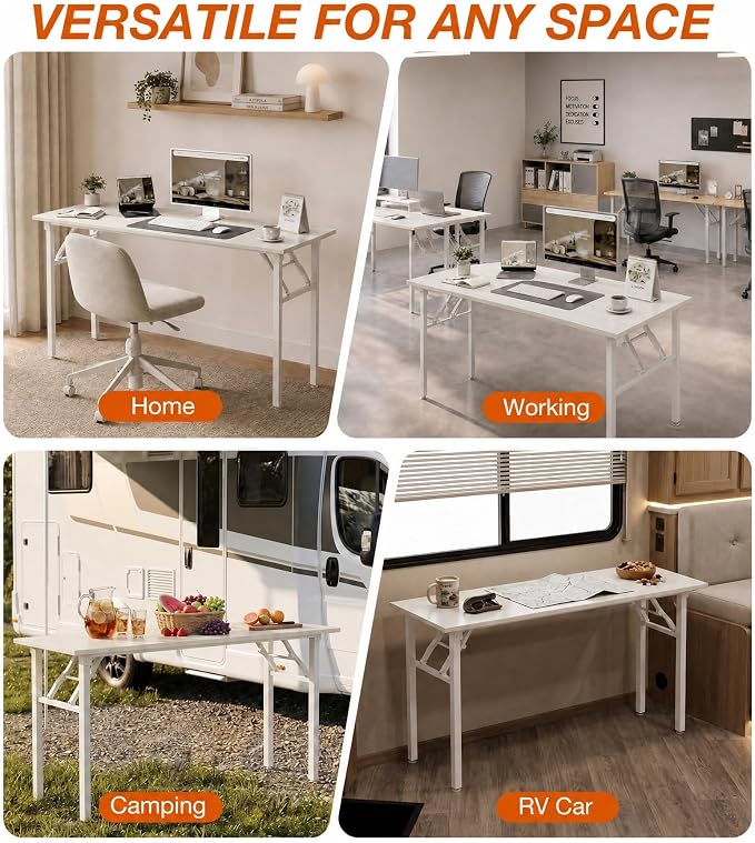 XBurmo Folding Desk Foldable Table, No Assembly 55.1" Foldable Desk Space-Saving Workstation for Small Space, Computer Table, Flat Storage for Home Office, Bedroom, Dorm, Study Room, White Ash