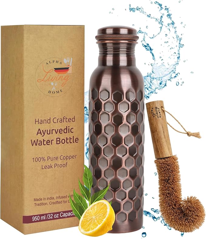 Copper Water Bottle 32 Oz Extra Large, Real Copper Drinking Bottle, Antique Honeycomb Ayurvedic Pure Bottle for Drinking Water, Leak Proof Lid with Cleaning Brush, Home Office Use