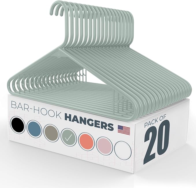 Plastic Hangers 20 Pack - Made in the USA - 6lb Capacity Standard Clothes Hangers with Strap Hooks for Dresses, Lingerie, Shirts, Pants, and Jackets - Mint