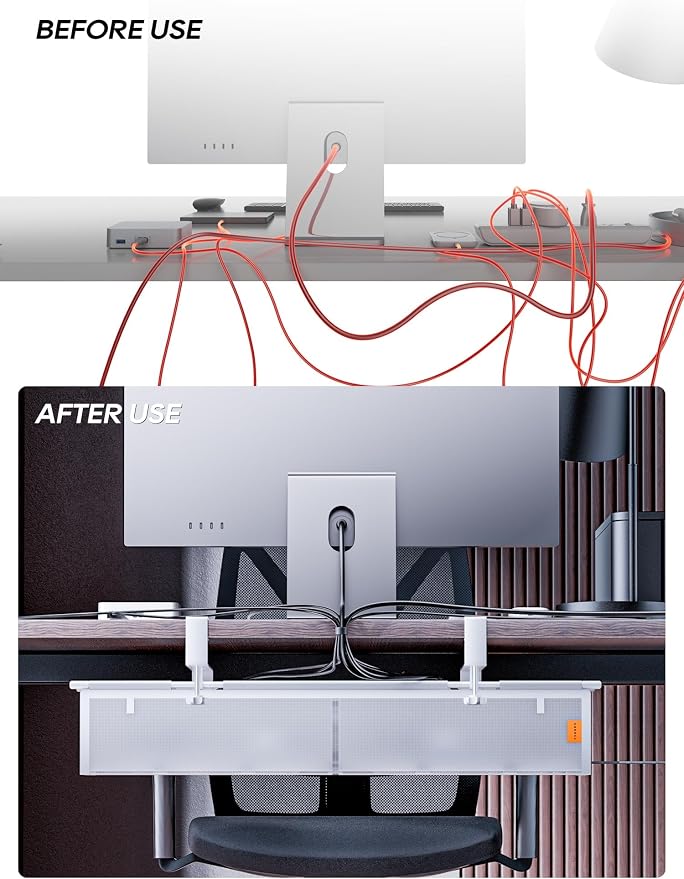 27" No Drill Under Desk Cable Management Tray (White) | Fire-Resistant Thickened Nylon Material, Clip-on Cord Organizer to Hide Power Strip, Heat Dissipation Mesh Design, for Office