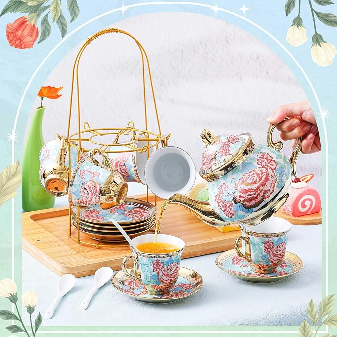 Zhehao 20 Pcs Porcelain Tea Set with Metal Holder and Spoon Adult Ceramic Tea Set European Flower Painting Teapot Cup Saucer Spoon for Women Mom Gift, Large Version (Vintage Style)