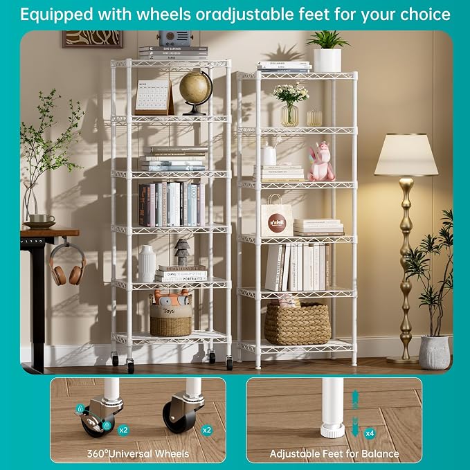 SINGAYE 6 Shelves Storage Shelf Wire Shelving Unit Metal Adjustable Wheels | Small Shelf Storage with Wheels Organizers Closet Unit for Bathroom Laundry Room Kitchen Pantry11.5D x 17.5W x 61.5H White