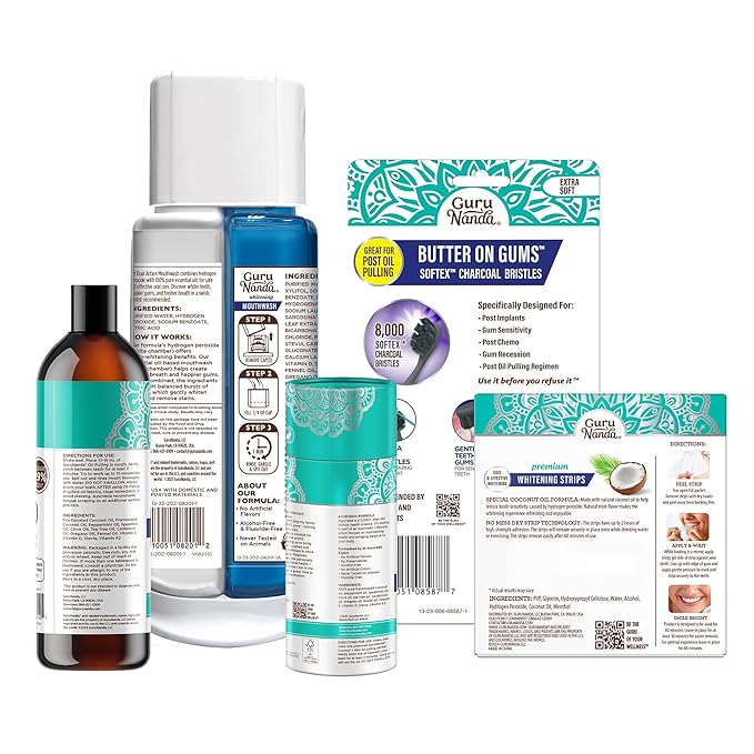 GuruNanda Total Smile Makeover Kit Charcoal with Cocomint Oil Pulling, Dual Barrel Whitening Mouthwash, Whitening Strips & Charcoal Butter on Gums Toothbrushes
