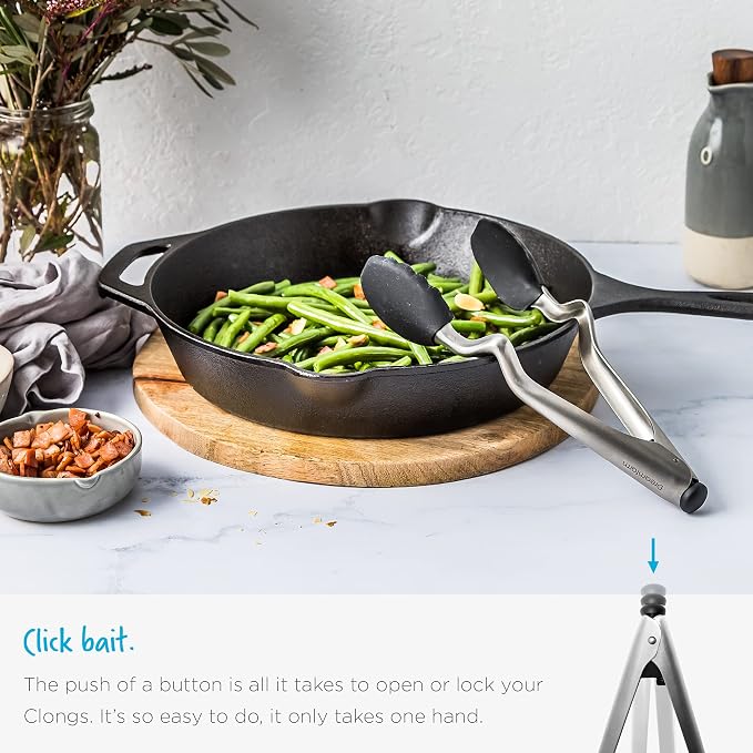 Dreamfarm Clongs Grippy Silicone & Stainless Steel Kitchen Cooking Tongs with Click-Lock Open & Close - 12" Black | Stainless steel, strong-grip non-stick safe tips, one-handed button lock open and close, sit-up handles for mess free benches