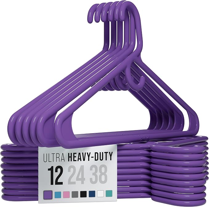 NEATERIZE Thick Heavy Duty Hangers - Purple Plastic Clothes Hangers 12 Pack - Great for Coat Hanger, Jackets Jeans & Suit Hanger for Closet, New Apartment Essentials Percheros Ganchos para Colgar Ropa