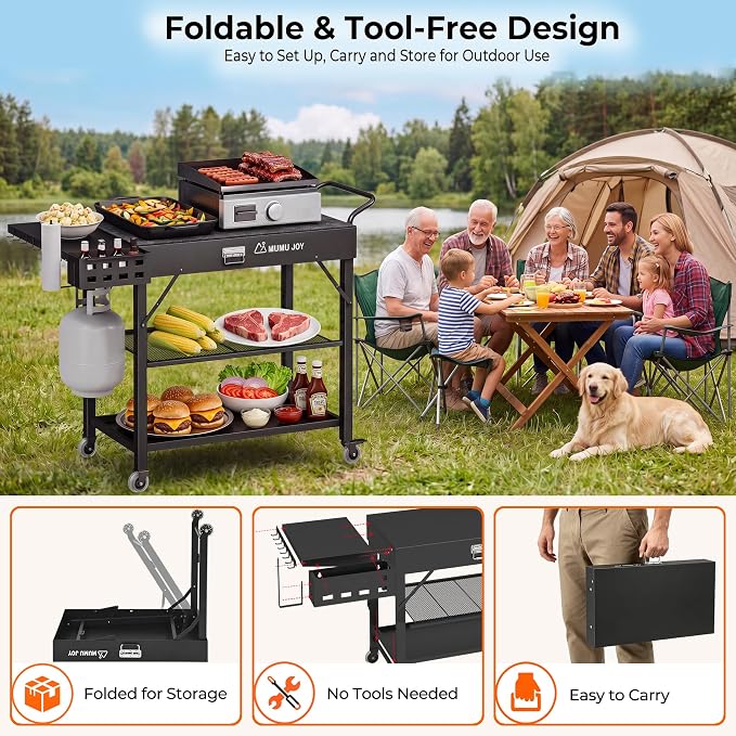 Grill Cart, 19 inch,3 Tier Foldable Grill Table with Wheels 500 Lb | Tool-Free Setup and Locking wheels Blackstone Table adds prep space for 17” or 22” Blackstone, Ninja, Cuisinart, Ooni Grills