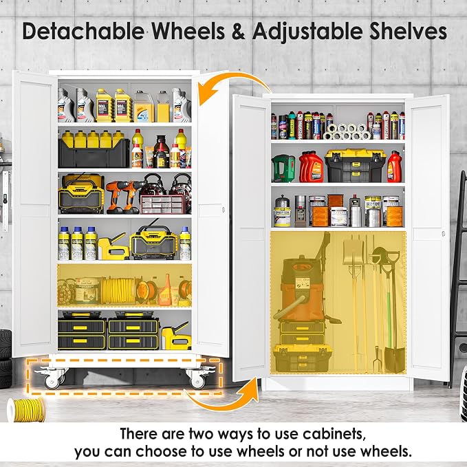 PAOFIN Metal Garage Storage Cabinet with Wheels,Steel Lockable File Cabinets with 2 Doors and 5 Adjustable Shelves,74" H Locking Tool Cabinets for Home Office, Warehouse, Required Assembly,White