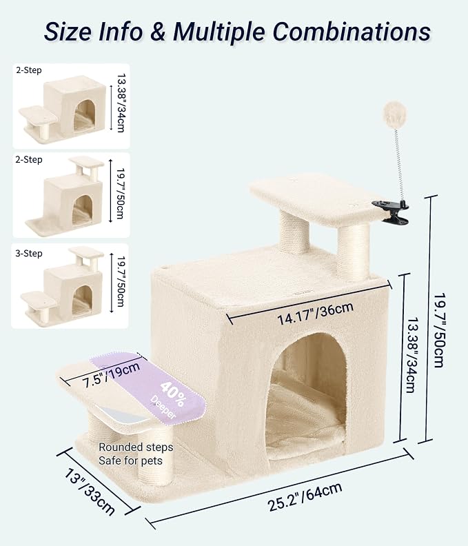 Happi N Pets Cat Stairs with Cat Scratching Post & Large Condo, Stable Pet Steps for High Beds Couch, 3 Combinations Ramp Tree Tower for Cats or Small Dogs, Removable Cushion & Bonus Toy, Beige
