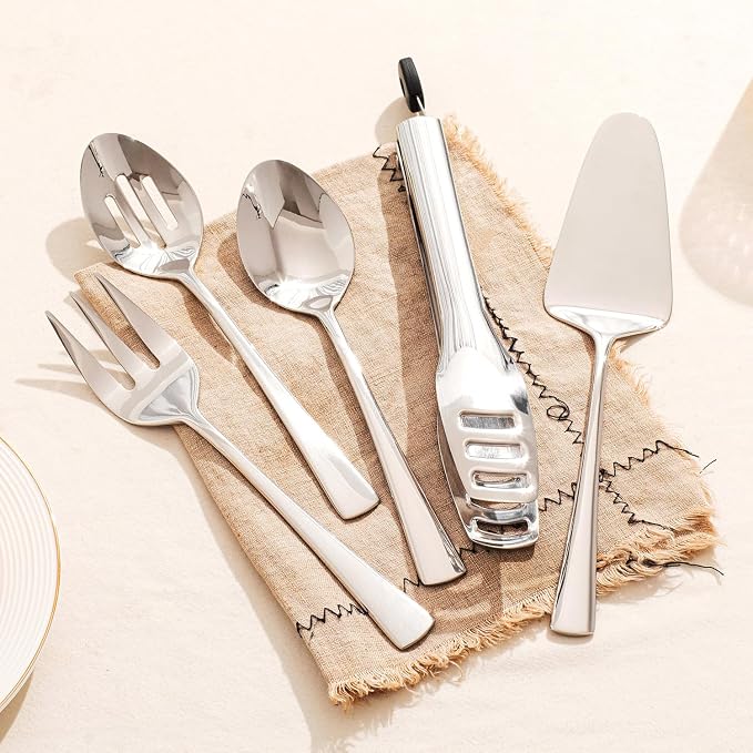 5 Piece 18/10 Serving Utensils Set, Stainless Steel Serving Set | Large Serving Utensils, Serving Spoon, Slotted Spoon, Fork, Tong,Cake Server for Buffet,Parties, Kitchen,Entertaining,Wedding
