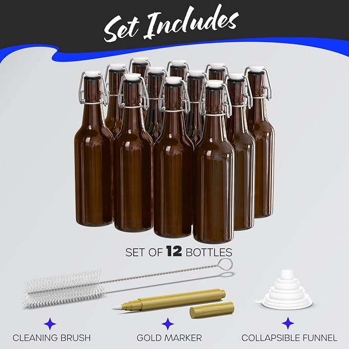 Nevlers Amber Swing Top Glass Bottles 16oz 12 Pack | Empty Beer Bottles for Home Brewing , Fermentation or General Storage | Resealable Flip Top Glass Bottle Set | Durable Kombucha Bottle Bottling Kit