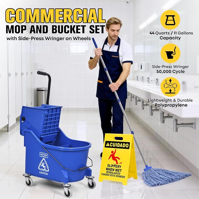 Matthew Cleaning Blue 44Quart Commercial Mop Bucket INCL.Wet String Mop& 19'' Industrial Wet Floor Sign with Side Press Wringer On Wheels,Tandem Portable Floor Cleaning Wavebrake,Ideal for Household