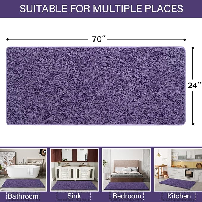 LOCHAS Luxury Bathroom Rug Shaggy Bath Mat 24 x 70 Inch, Dark Purple | Washable Non Slip Bath Rugs for Bathroom Shower, Soft Plush Chenille Absorbent Carpets