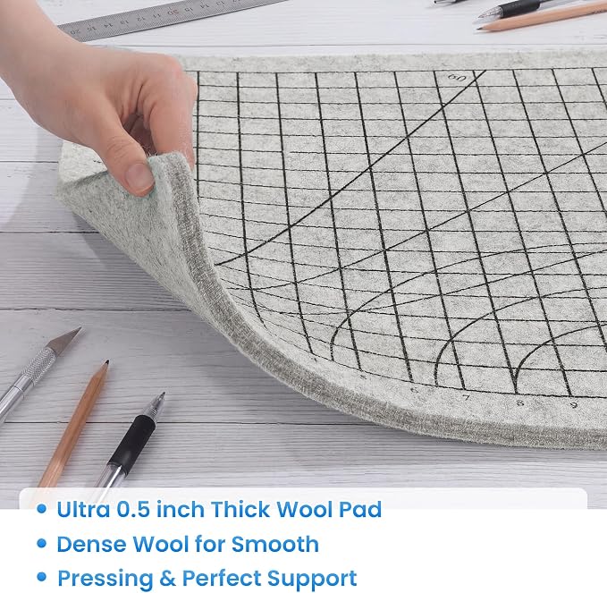 MABOZOO Wool Pressing Mat with Printed Grid, 24 * 18 Inch Double-Sided Wool Ironing Mat with Straps, Portable Ironing Pad for Quilter, Sewing, Scrapbooking