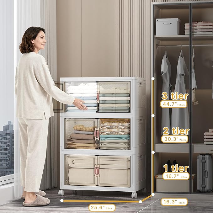 Stackable Storage Bins, 336QT Collapsible Drawers with 1 Lid | Large Capacity, Magnetic Door, Stack Lock, Rolling Wheels, Foldable Design, Organizers and Storage for Bedroom Dorm Garage