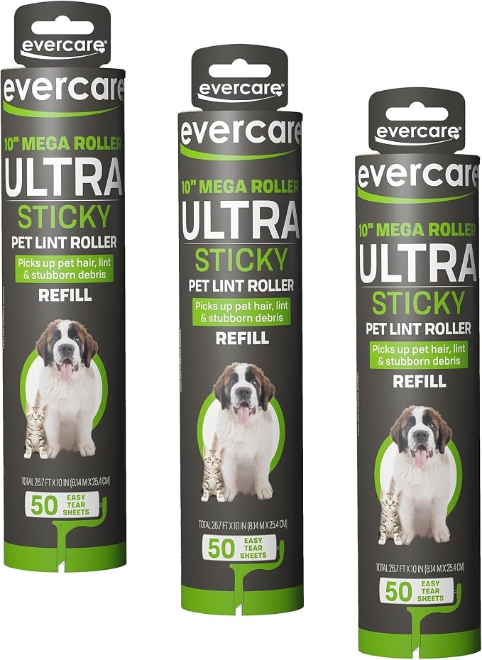 Evercare 10-Inch Mega All-Purpose Pet Hair Lint Roller Refill, 50 Sheets – Sticky Roller for Pet Hair, Cat & Dog_Hair Remover, Lint Remover, Pet_Hair_Remover for Furniture, Clothing & Cars (Pack of 3)