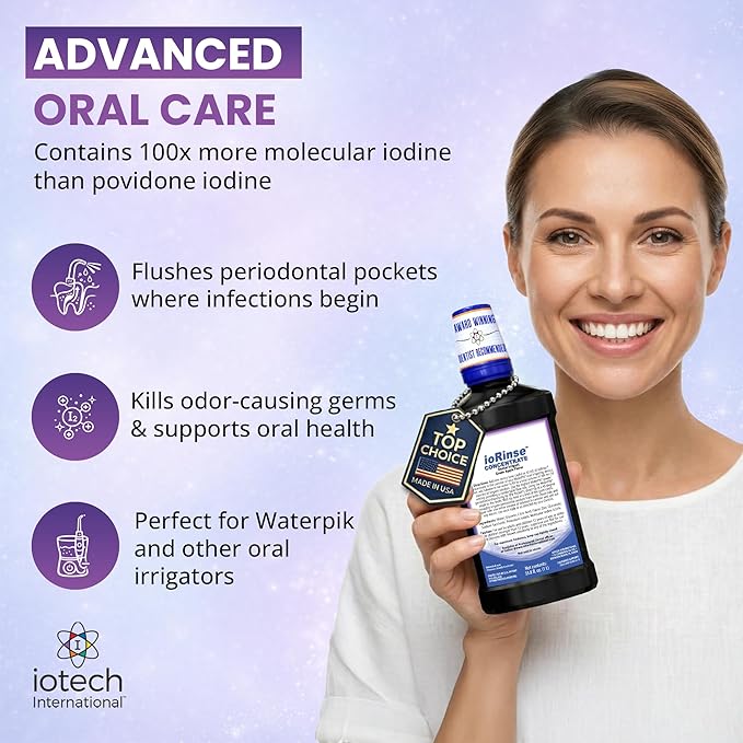 ioRinse Concentrated Irrigant with Active Molecular Iodine, Alcohol-Free Dental Irrigant, for use with Waterpik Water Flossers, and All Other Oral Irrigation Devices
