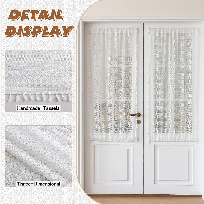 Sutuo Home White French Door Curtains 72 Inches Long for Front Door Glass & Sidelights, Cream Semi Sheer Bohemian Tassels Vintage Privacy Drapes Window Household Decoration, Rod Pocket 2 Panels 25" W