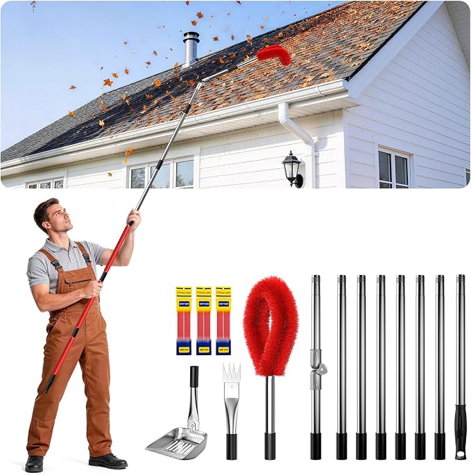 12 FT Gutter Cleaning Tools for Outdoor - Gutter Cleaner Pole with Shovel & Brush for Roof Rain Gutters, Cleans Leaves, Branches & Debris - No Ladder Needed (Red)