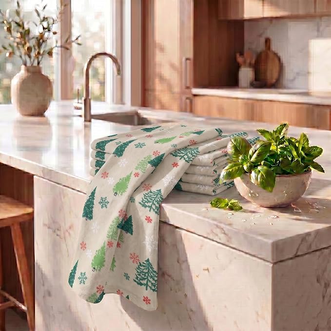 Urban Villa Kitchen Towels Christmas Green Trees Print Premium Quality,100% Cotton Dish Towels Mitered Corners Ultra Soft (Size: 20X30 Inch) Highly Absorbent Bar Towels & Tea Towels - (Set of 6)