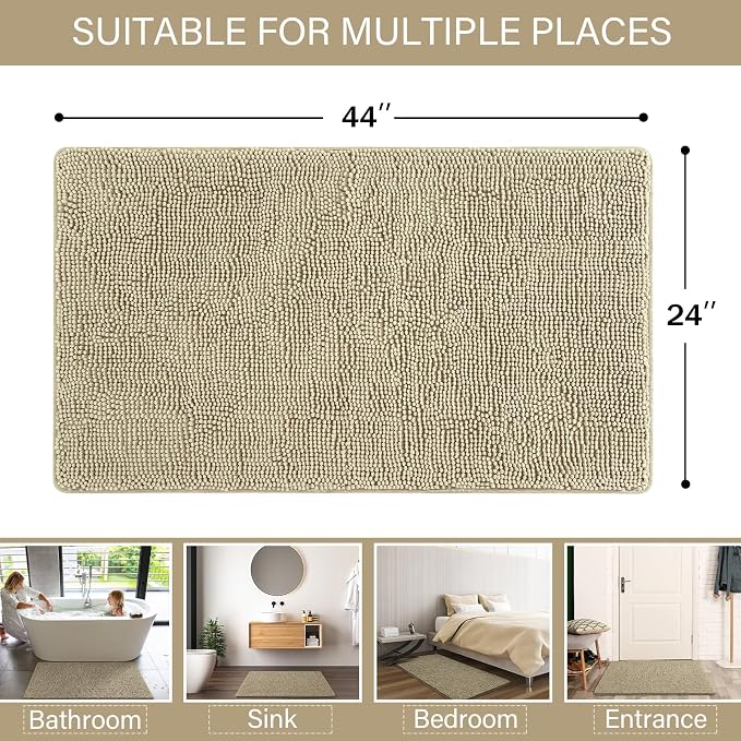LOCHAS Luxury Bathroom Rug Shaggy Bath Mat 24 x 44 Inch, Beige | Washable Non Slip Bath Rugs for Bathroom Shower, Soft Plush Chenille Absorbent Carpets