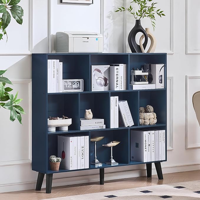 LEYAOYAO 10 Cube Bookshelf,Mid-Century Modern Bookcase with Legs,Dark Blue | 3 Tier Book Shelf,Rustic Wood Bookshelves Freestanding Large Storage Organizer, Open Shelves for Bedroom, Living Room, Office