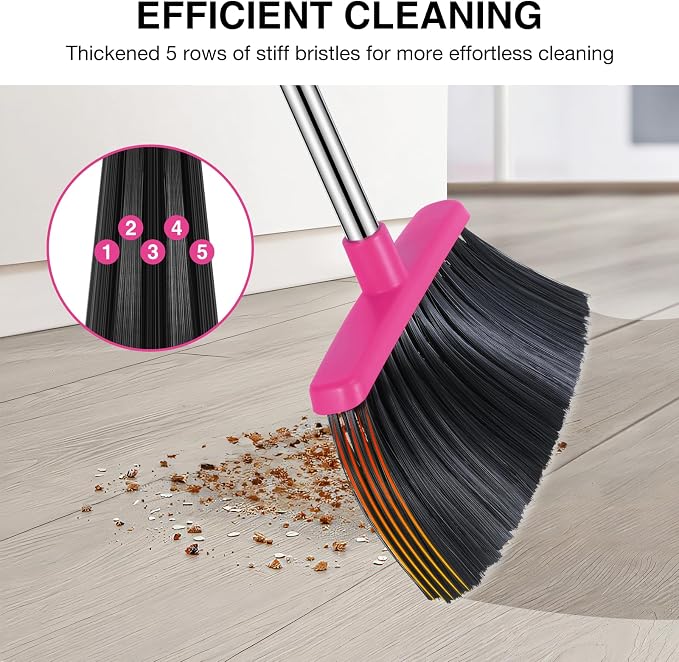NACENA Broom and Dustpan Set, 52-in Long Adjustable Handle Broom Dustpan Combo with Dustpan Teeth to Automatically Clean Hair Suitable for Home Kitchen Office Hall Floor (Grey&Rose), 4 Pack