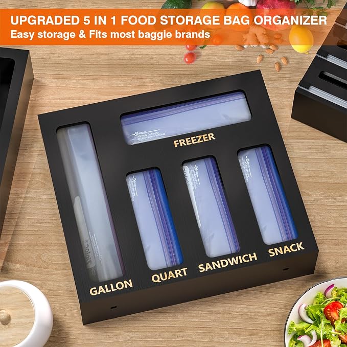DALSHABET 9 IN1 Bamboo Storage Bag Drawer Organizer with Cutter, Foil and Plastic Wrap Dispenser for Kitchen Storage Compatible with All Brands Gallon, Quart, Sandwich & Snack Size Bags - Black