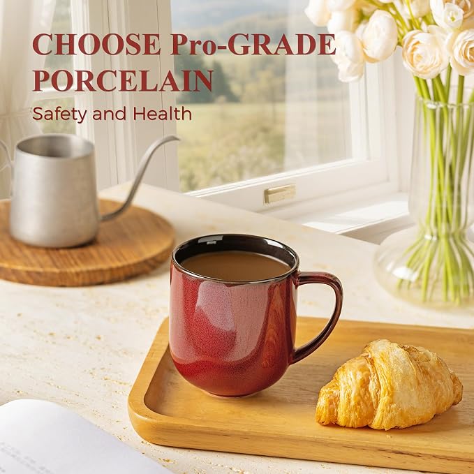 LERATIO Ceramic Coffee Mugs Set of 6,12oz Handmade Coffee Mugs Set | Large Handle for Cappuccino/Latte/Tea/Hot Cocoa,Oven &Dishwasher & Microwave Safe-Red