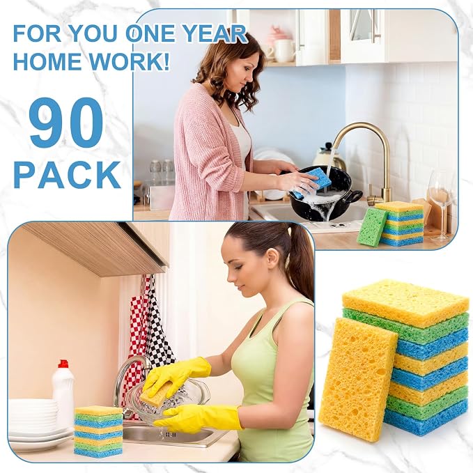 Zhengmy 90 Pieces Sponges Bulk Sponges Kitchen Compressed Sponge Natural Dish Sponge Compressed Wood Pulp Cleaning Without Scratching for Kitchen Bathroom, 3.9 x 2.4 x 0.12 Inch (Light Color)