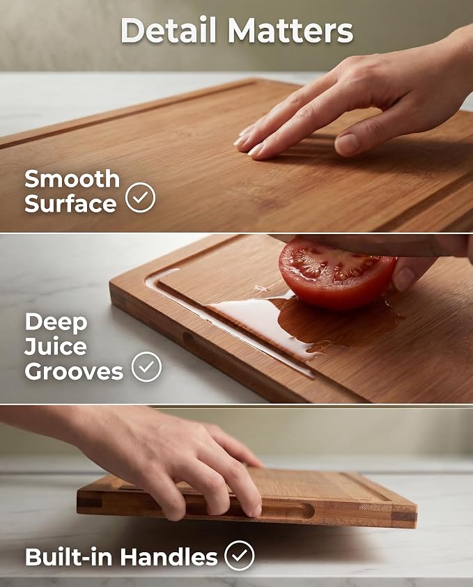 CARTMAN 3-Piece Bamboo Cutting Boards for Kitchen with Stand & Holder | Includes 3 sizes & dual-purpose stand for charcuterie, 100% non-toxic bamboo, deep juice groove, warp-proof 3-layer