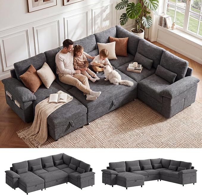 110 Inch Modular Sectional Sleeper Sofa with Pull Out Bed, U Shaped 7 Seat Cloud Modular Sectional Sofa with Storage, Chenille Sectional Couches for Living Room, Apartment, Office, Dark Grey
