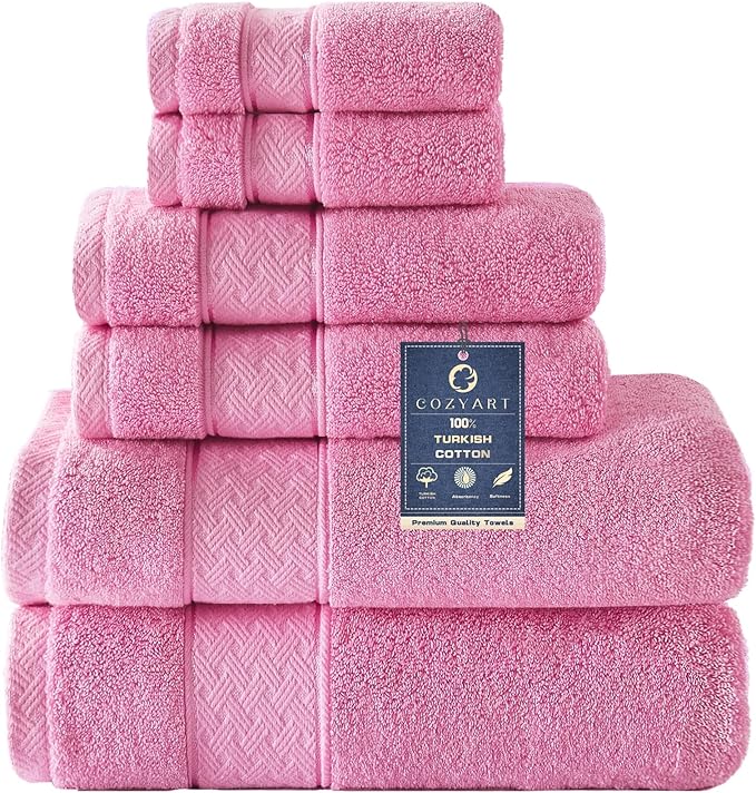 COZYART Bath Towel Set 6 PCS, Pink Luxury 100% Turkish Cotton 650GSM | Soft Absorbent Quick Dry, OEKO‑Tex 100 Cert. Zero Twist Ring Spun Cotton, Plush Fluffy, Breathable Hotel Quality Towels Set