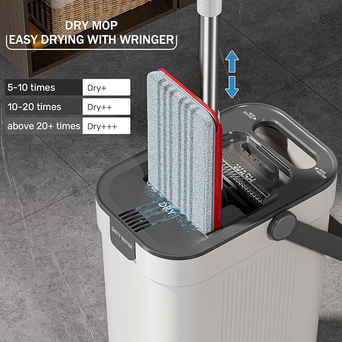 HoMettler Mop and Bucket Set, 3-Tank Flat Mop and Bucket System for Separate Dirty & Clean Water, 65" Mops for Floor Cleaning with 4 Washable Pads, Safe for Hardwood, Vinyl, Tile, Baseboards, Walls