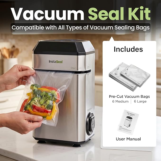 InstaSeal Upright Vacuum Sealer for Food with 12 Bags | Preserves Foods 5x Longer, Space Saving Compact Design, Seals Liquids, Soups & Marinades Mess-Free for Sous Vide Cooking
