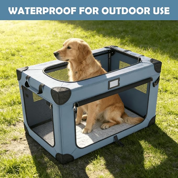 36 Inch Portable Travel Dog Crate Blue with Chew-Proof Mesh Window | Sturdy Frame,Soft Blanket and Foldable Bowl,Waterproof and Easy to Clean,for Camping,Signature card，Storage Bag，Mesh Windows