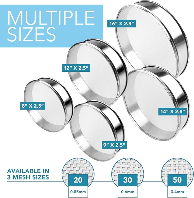 Vollum Stainless Steel Flour Sifter Fine Mesh Round Flour Sieve for Baking 9.5" Diameter x 2.5" High; 30 Mesh (Hole Size 0.6mm)