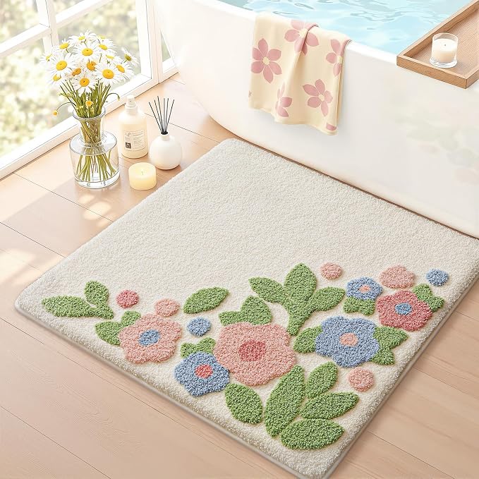 LUMI Bathroom Rugs Cute Flower, Soft Absorbent Square Bath Mat Non-Slip, Machine Washable Quick Dry Warm White Bloom Luxury Rug Flower for Kids Room, Bathtub, Home Decor, 32"x32"