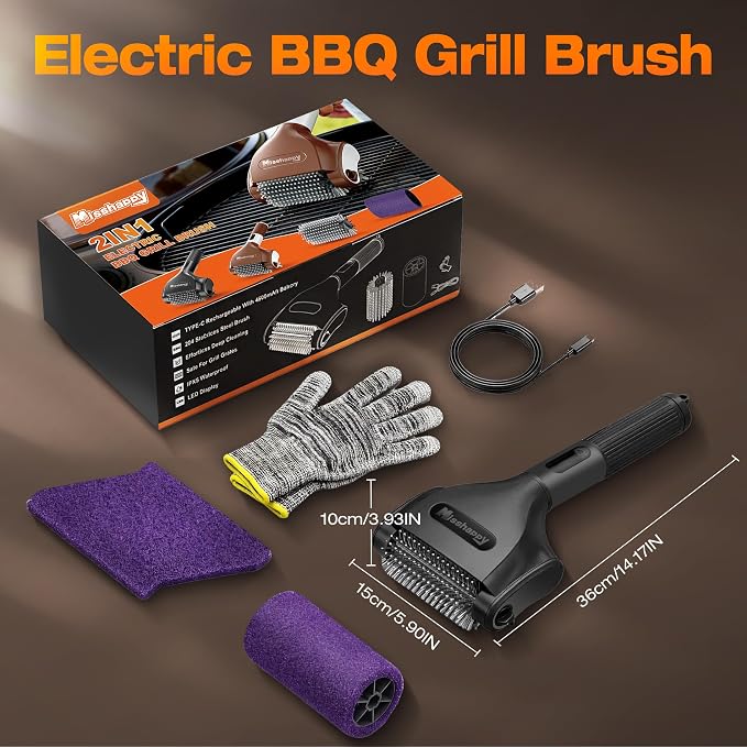 Misshappy Electric BBQ Grill Brush - 4000mAh Cordless BBQ Grill Cleaner 2 Speed - 800RPM Bristle Free Electric Grill Cleaner for Outdoor Grill Rechargeable with Scraper/LED Light/LED Display (Black)