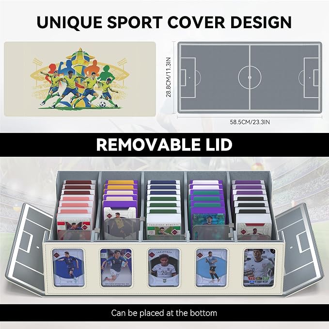 Kabinka Soccer Card Storage Box with Window Display, 5-Row Sport Card Storage Box, 3900+ Card Deck Box for Soccer Sports Card TCG, 5 Top Loaders, 5 Stoppers, 48 Dividers, 1 Dice Tray (Soccer 2)