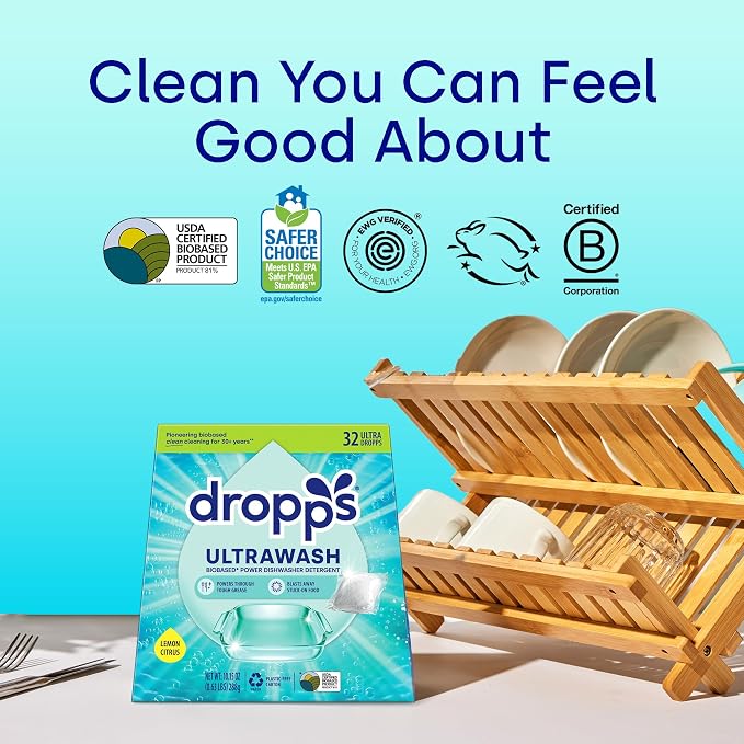 Dropps UltraWash Dishwasher Detergent Pods, Lemon Citrus (32 Ct) - Cuts Grease & Stuck-On Food | Sparkling Dishes & Glasses | Residue-Free | Clean Ingredients | No Pre-Rinse | Plastic Free Packaging