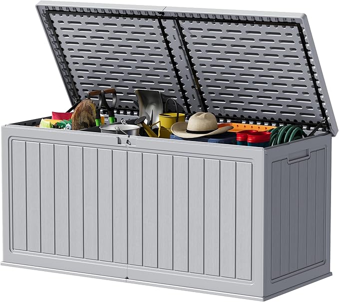 Devoko HDPE 260 Gallon Deck Box Double-Wall with Divider | Large Outdoor Storage Box Side Handles, Waterproof and Lockable for Patio Furniture, Garden, Pool