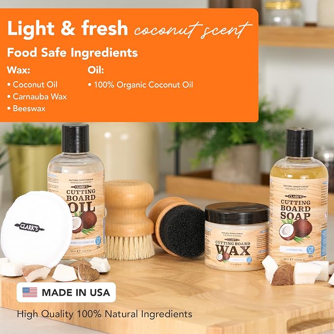 CLARK'S Food Grade Cutting Board Full Care Kit, Coconut Scent - 6 Pack | Includes Cutting Board Oil & Wax, both made of Organic Coconut Oil, Cleaner, Applicators, Buffing Pads - Protects & Restores