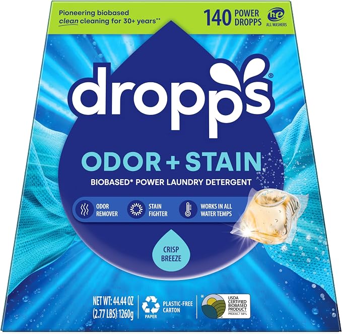 Dropps Odor & Stain Laundry Detergent Pods, Crisp Breeze (140 Count) - Powerful Laundry Pods | Complete Clean Laundry Soap | Fights Odors & Stains | Clean Ingredients | Plastic Free Packaging