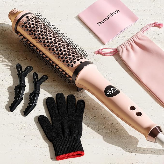 Thermal Brush, Infrared Heated Round Brush with 100M Negative Ions, Hot Brush for Volume, Curling & Straightening, 5 Heat Settings, Dual Voltage Hair Styler, Anti-Frizz Shine, All Hair Types-Pink