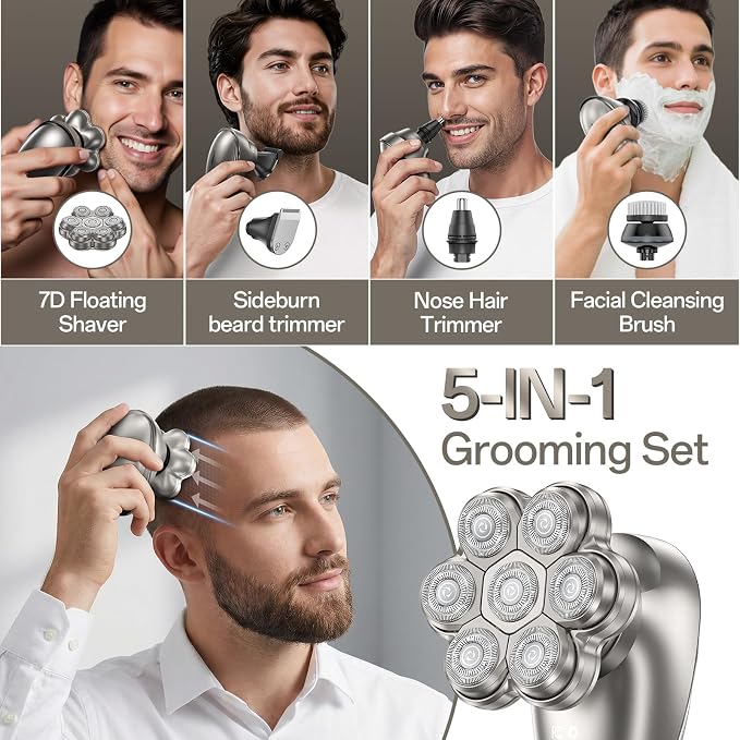 Head Shavers for Bald Men – Electric Razor for Men, 7D Magnetic Electric Shavers for Men, IPX7 Waterproof 5-in-1 Shavers for Men Grooming Kit (Gray)
