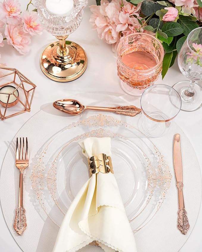 Nervure 350PCS Rose Gold Plastic Plates - Rose Gold Plastic Dinnerware Sets for 50 Guests - 100 Disposable Plates, 150 Silverware, 50 Cups, 50 Napkins Perfect for Wedding & Party