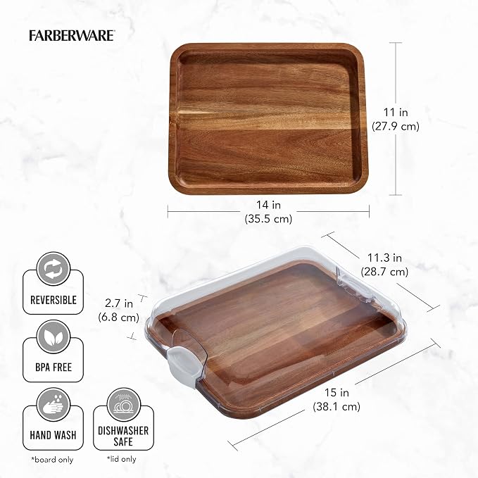 Farberware Acacia Wood Cutting Board with Clear Locking Lid, 11x14 Inch Charcuterie Board with Compartments, Reversible Serving Board for Cheese, Meats, Fruits and Snacks - Make It, Take It, Enjoy It