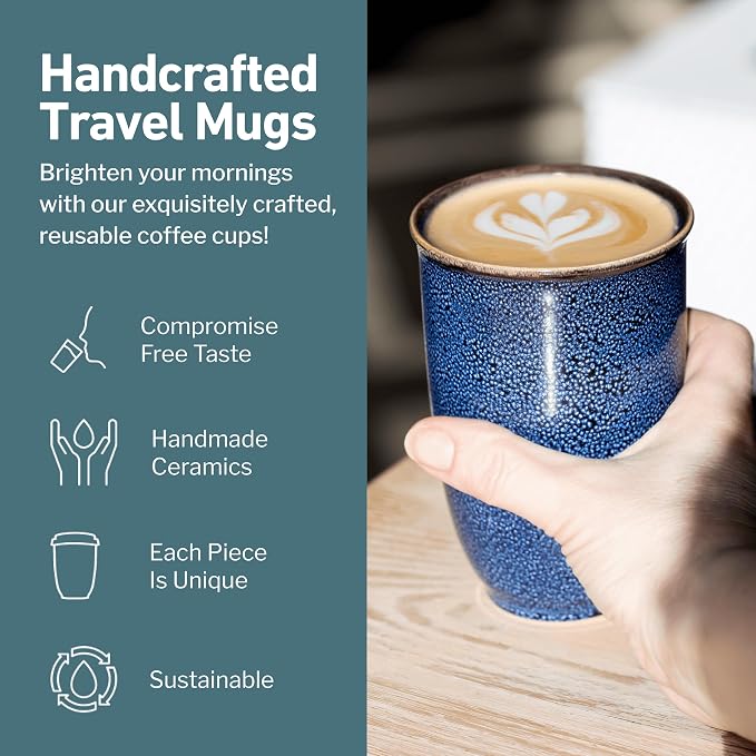 NOVA CERAMICS Travel Mug - Ceramic Travel Mug With Lid – Travel Coffee Mug Unique To Go Coffee Cup – Microwave & Dishwasher Safe Coffee Tumbler - Gifts For Women Men Him Her – 12oz - Abyss
